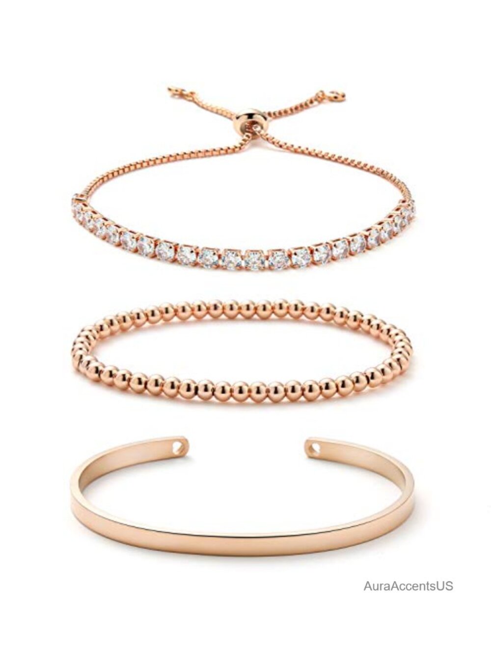 18K Gold Plated Tennis Bracelet Set Cubic Zirconia Cuff Beaded Adjustable